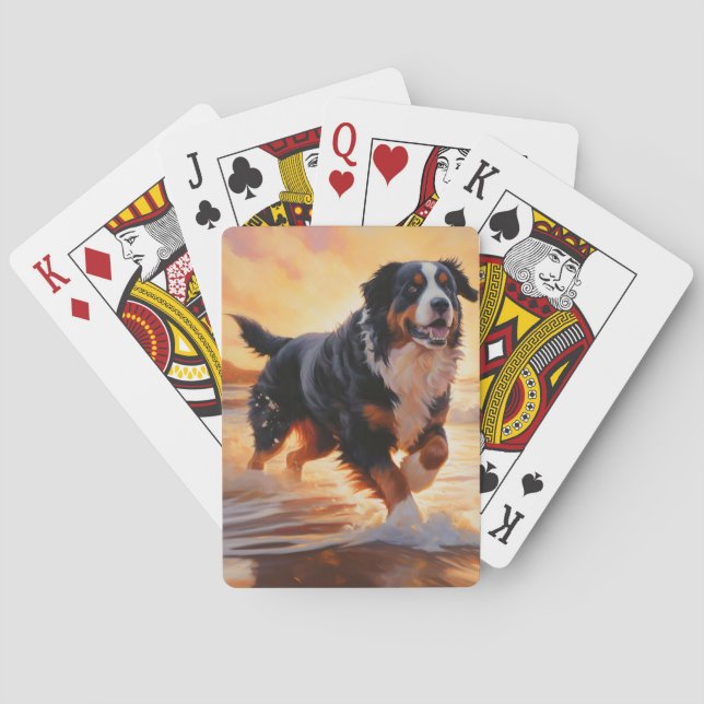 Sandy Paws Bernese Mountain Dog on Beach Sunset  Poker Cards (Back)