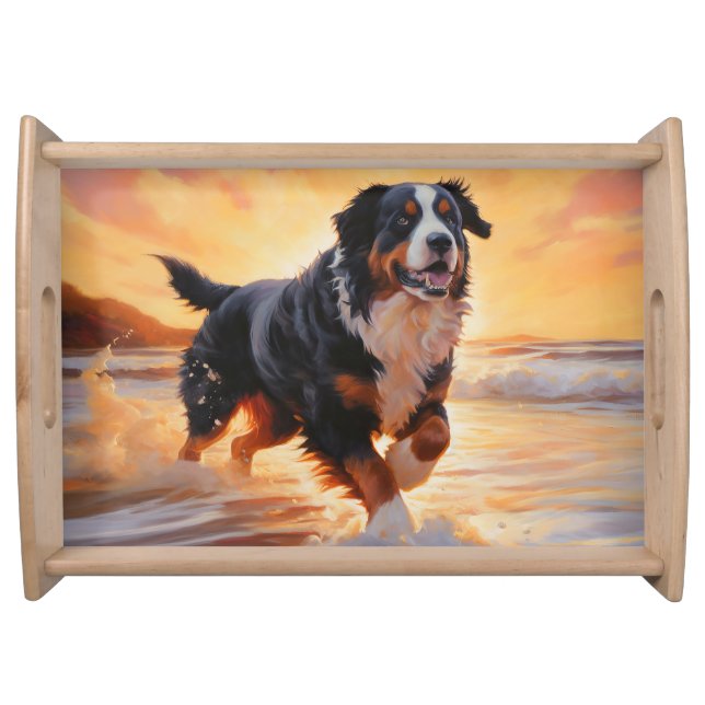 Sandy Paws Bernese Mountain Dog on Beach Sunset  Serving Tray (Front)
