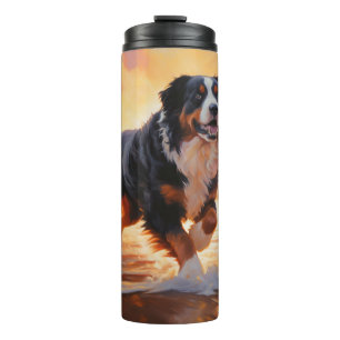 Sandy Paws Bernese Mountain Dog on Beach Sunset Thermal Tumbler