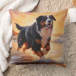 Sandy Paws Bernese Mountain Dog on Beach Sunset Throw Pillow