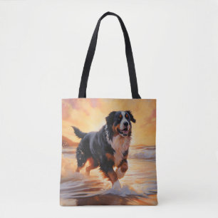 Sandy Paws Bernese Mountain Dog on Beach Sunset Tote Bag