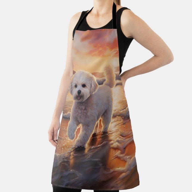 Sandy Paws Bichon Frise Dog on Beach Sunset  Apron (Insitu)