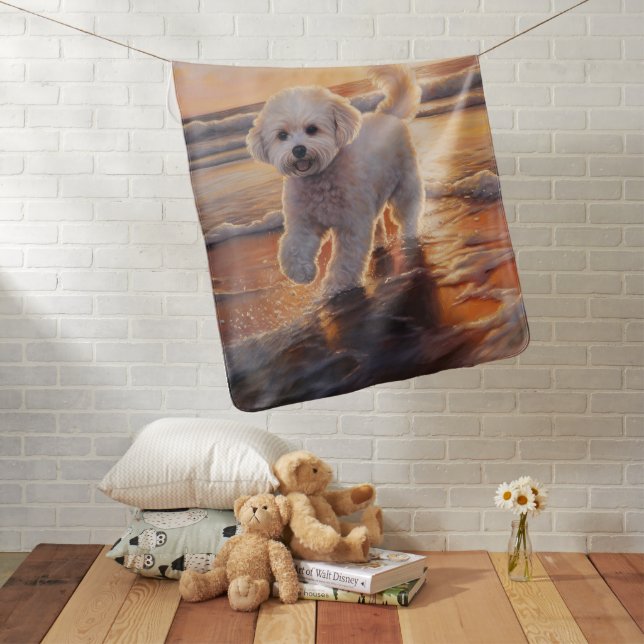 Sandy Paws Bichon Frise Dog on Beach Sunset  Baby Blanket (In Situ)