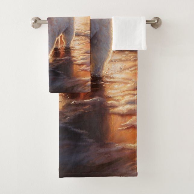 Sandy Paws Bichon Frise Dog on Beach Sunset  Bath Towel Set (Insitu)