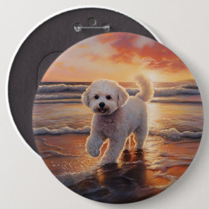 Sandy Paws Bichon Frise Dog on Beach Sunset Button