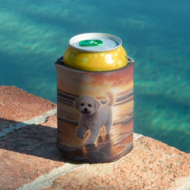 Sandy Paws Bichon Frise Dog on Beach Sunset  Can Cooler (In Situ Pool)