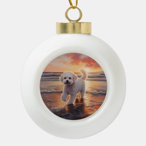Sandy Paws Bichon Frise Dog on Beach Sunset  Ceramic Ball Christmas Ornament
