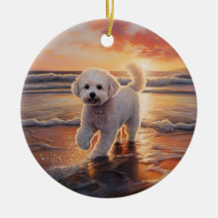 Sandy Paws Bichon Frise Dog on Beach Sunset Ceramic Ornament