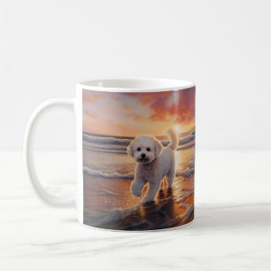Sandy Paws Bichon Frise Dog on Beach Sunset Coffee Mug