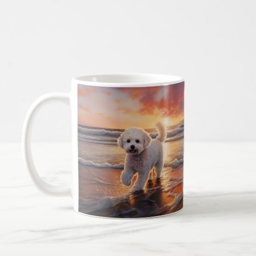 Sandy Paws Bichon Frise Dog on Beach Sunset  Coffee Mug