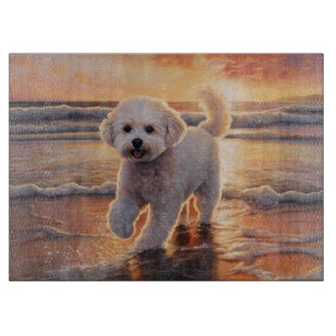 Sandy Paws Bichon Frise Dog on Beach Sunset Cutting Board