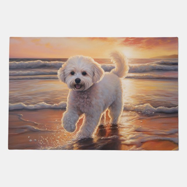 Sandy Paws Bichon Frise Dog on Beach Sunset  Doormat (Front)