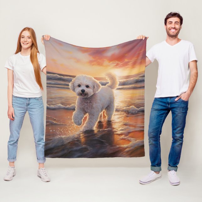 Sandy Paws Bichon Frise Dog on Beach Sunset  Fleece Blanket (In Situ)