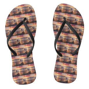 Sandy Paws Bichon Frise Dog on Beach Sunset Flip Flops