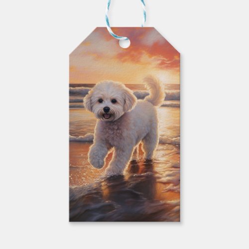 Sandy Paws Bichon Frise Dog on Beach Sunset  Gift Tags