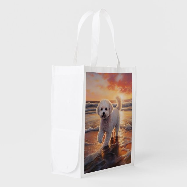 Sandy Paws Bichon Frise Dog on Beach Sunset  Grocery Bag (Front Side)