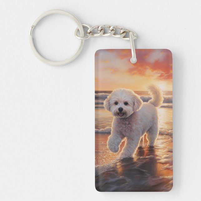 Sandy Paws Bichon Frise Dog on Beach Sunset  Keychain (Front)