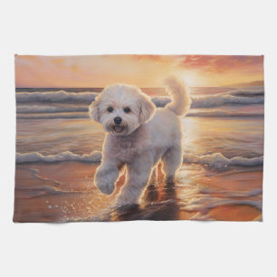 Sandy Paws Bichon Frise Dog on Beach Sunset Kitchen Towel