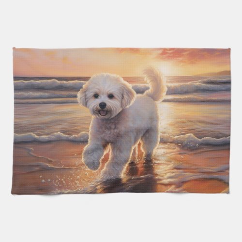 Sandy Paws Bichon Frise Dog on Beach Sunset  Kitchen Towel