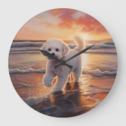 Sandy Paws Bichon Frise Dog on Beach Sunset  Large Clock