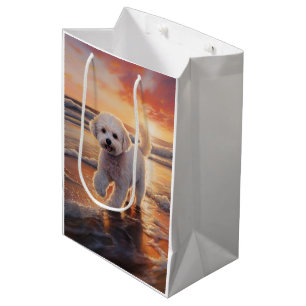 Sandy Paws Bichon Frise Dog on Beach Sunset Medium Gift Bag