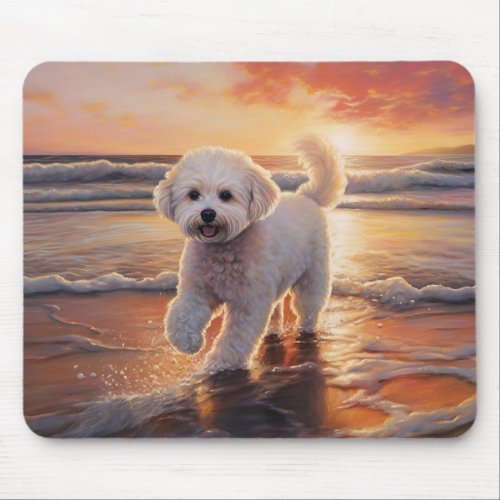 Sandy Paws Bichon Frise Dog on Beach Sunset  Mouse Pad