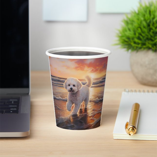 Sandy Paws Bichon Frise Dog on Beach Sunset  Paper Cups (Insitu)