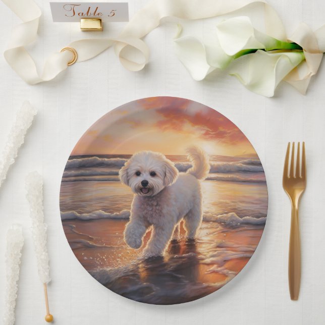 Sandy Paws Bichon Frise Dog on Beach Sunset  Paper Plates (Wedding)