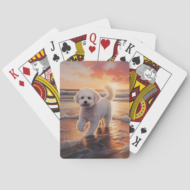 Sandy Paws Bichon Frise Dog on Beach Sunset  Poker Cards (Back)