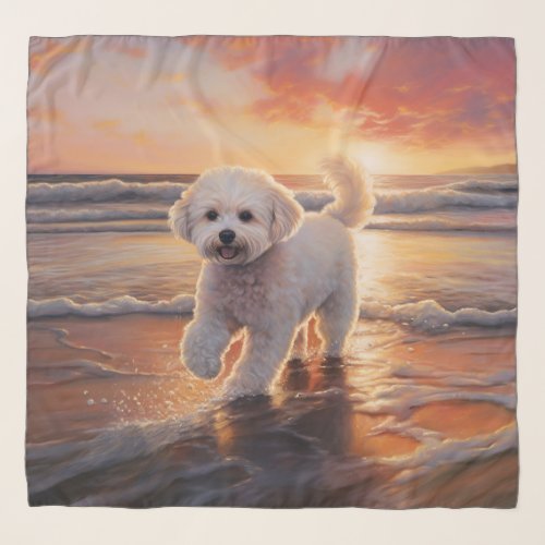 Sandy Paws Bichon Frise Dog on Beach Sunset  Scarf