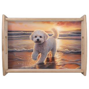 Sandy Paws Bichon Frise Dog on Beach Sunset Serving Tray