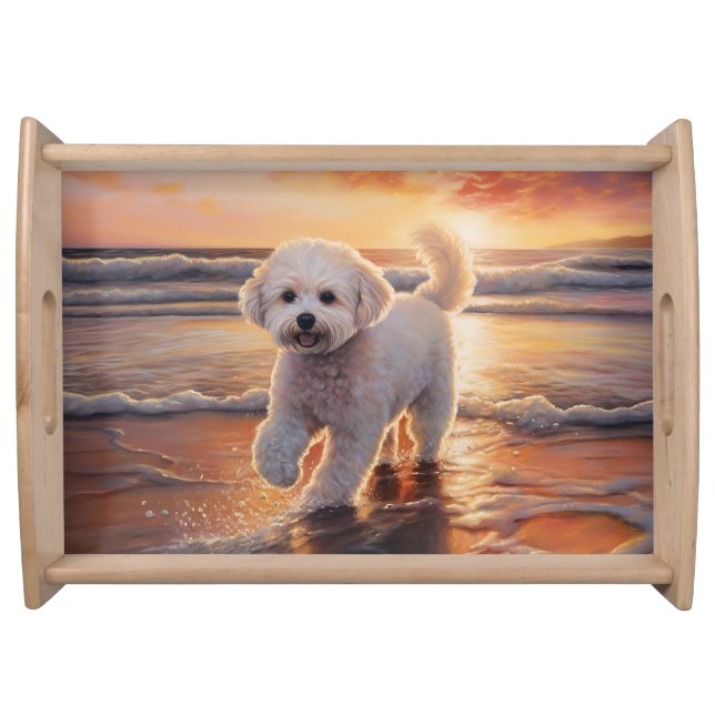 Sandy Paws Bichon Frise Dog on Beach Sunset  Serving Tray (Front)