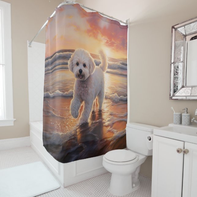 Sandy Paws Bichon Frise Dog on Beach Sunset  Shower Curtain (In Situ)