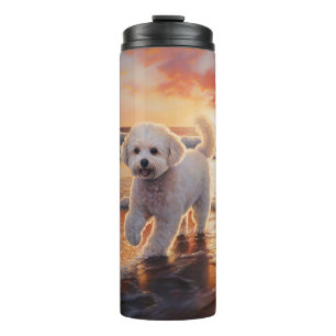 Sandy Paws Bichon Frise Dog on Beach Sunset Thermal Tumbler