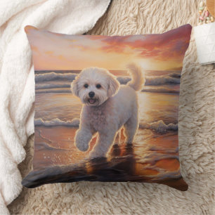 Sandy Paws Bichon Frise Dog on Beach Sunset Throw Pillow