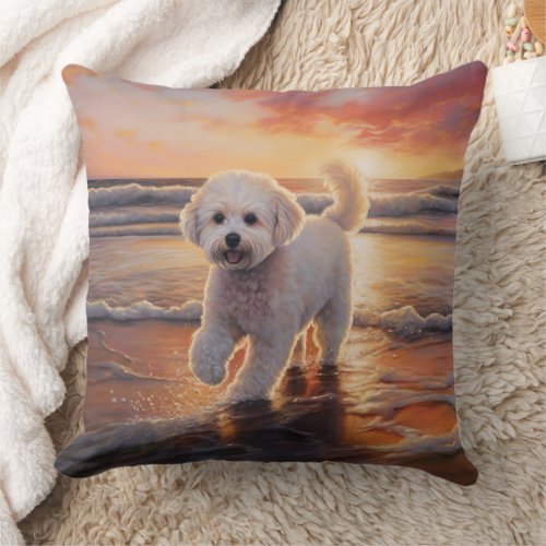 Sandy Paws Bichon Frise Dog on Beach Sunset  Throw Pillow