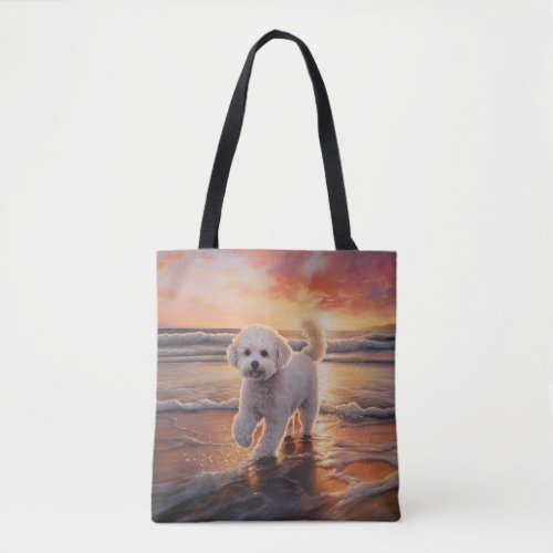 Sandy Paws Bichon Frise Dog on Beach Sunset  Tote Bag