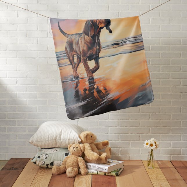 Sandy Paws Bloodhound Dog on Beach Sunset  Baby Blanket (In Situ)