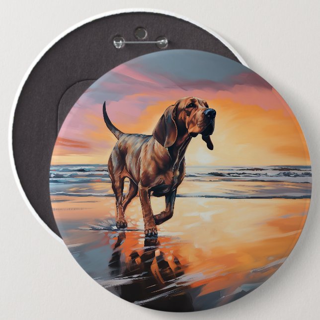 Sandy Paws Bloodhound Dog on Beach Sunset  Button (Front & Back)