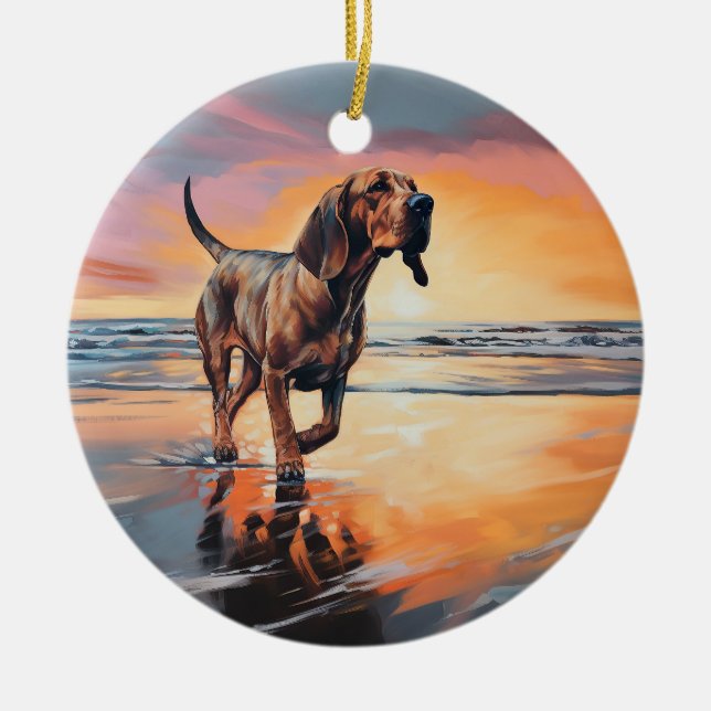 Sandy Paws Bloodhound Dog on Beach Sunset  Ceramic Ornament (Front)