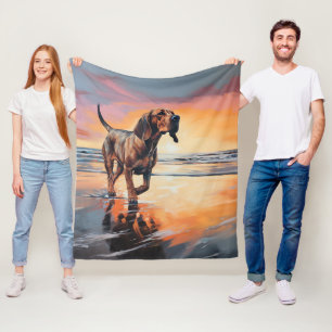 Sandy Paws Bloodhound Dog on Beach Sunset Fleece Blanket