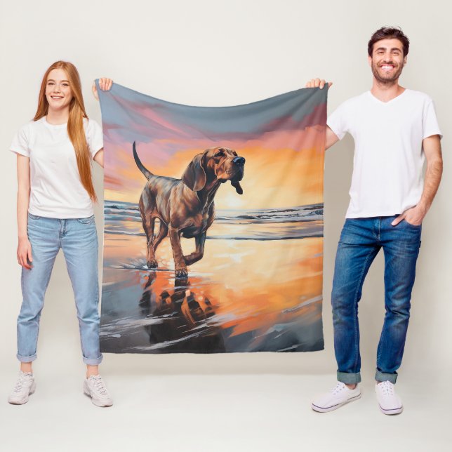 Sandy Paws Bloodhound Dog on Beach Sunset  Fleece Blanket (In Situ)