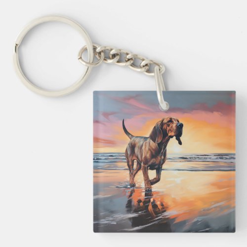 Sandy Paws Bloodhound Dog on Beach Sunset  Keychain