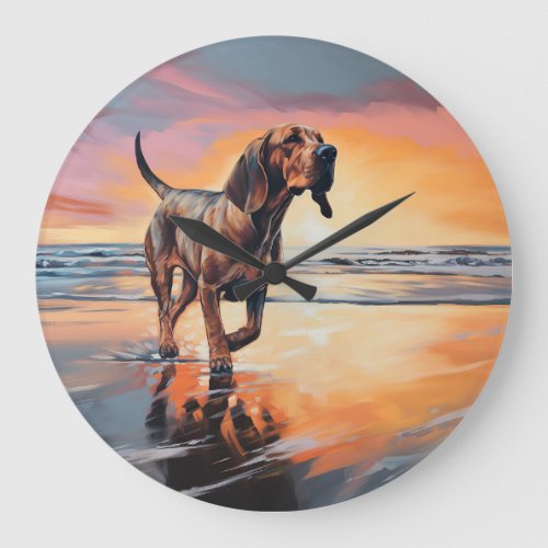 Sandy Paws Bloodhound Dog on Beach Sunset  Large Clock