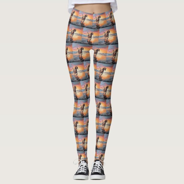 Sandy Paws Bloodhound Dog on Beach Sunset  Leggings (Front)