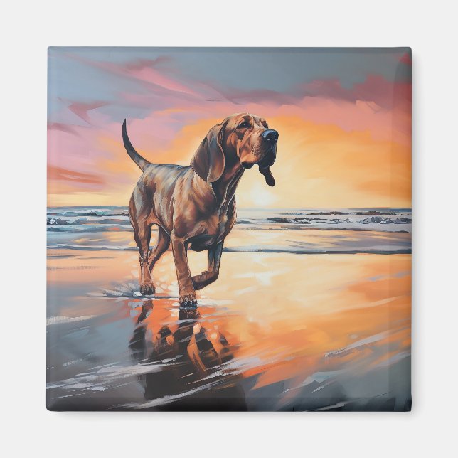 Sandy Paws Bloodhound Dog on Beach Sunset  Magnet (Front)