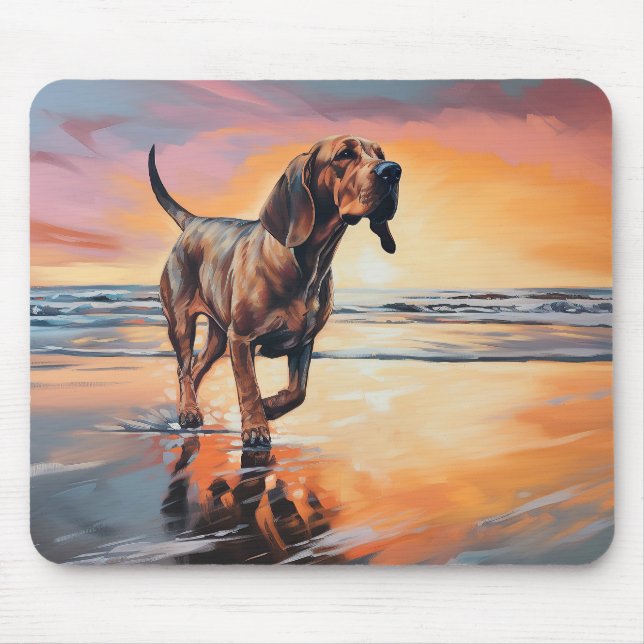 Sandy Paws Bloodhound Dog on Beach Sunset  Mouse Pad (Front)