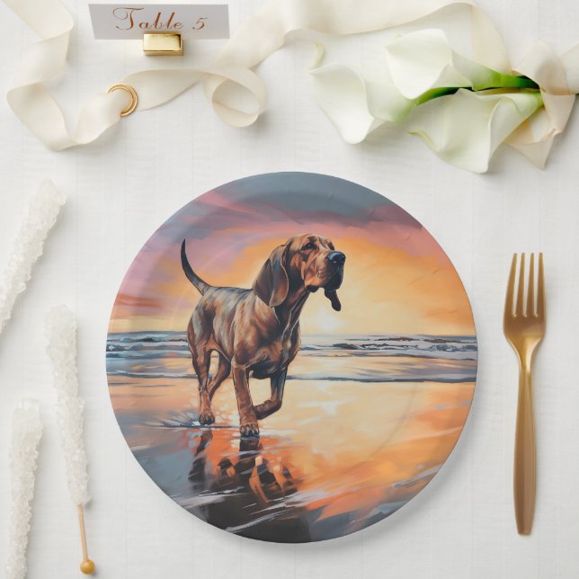 Sandy Paws Bloodhound Dog on Beach Sunset  Paper Plates (Wedding)