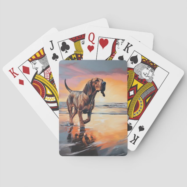 Sandy Paws Bloodhound Dog on Beach Sunset  Poker Cards (Back)