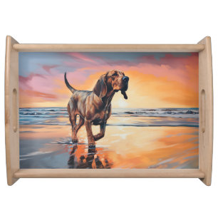 Sandy Paws Bloodhound Dog on Beach Sunset  Serving Tray